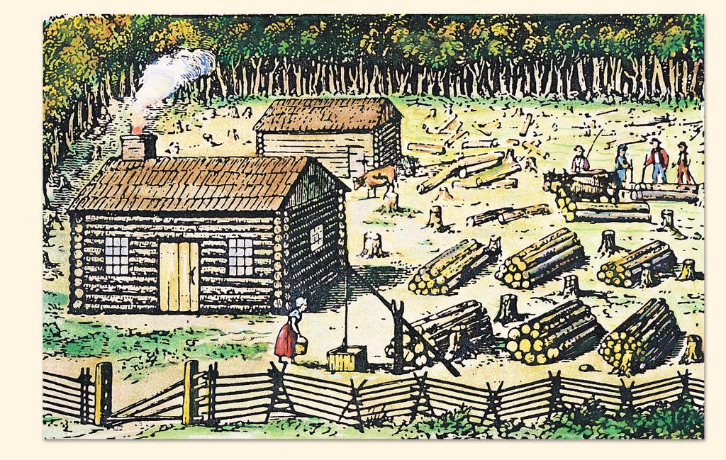 2 1 3 1 1 1 The first things settlers needed were food and shelter. Cutting trees provided fields for crops and wood for log cabins. The first crop most farmers planted was corn.