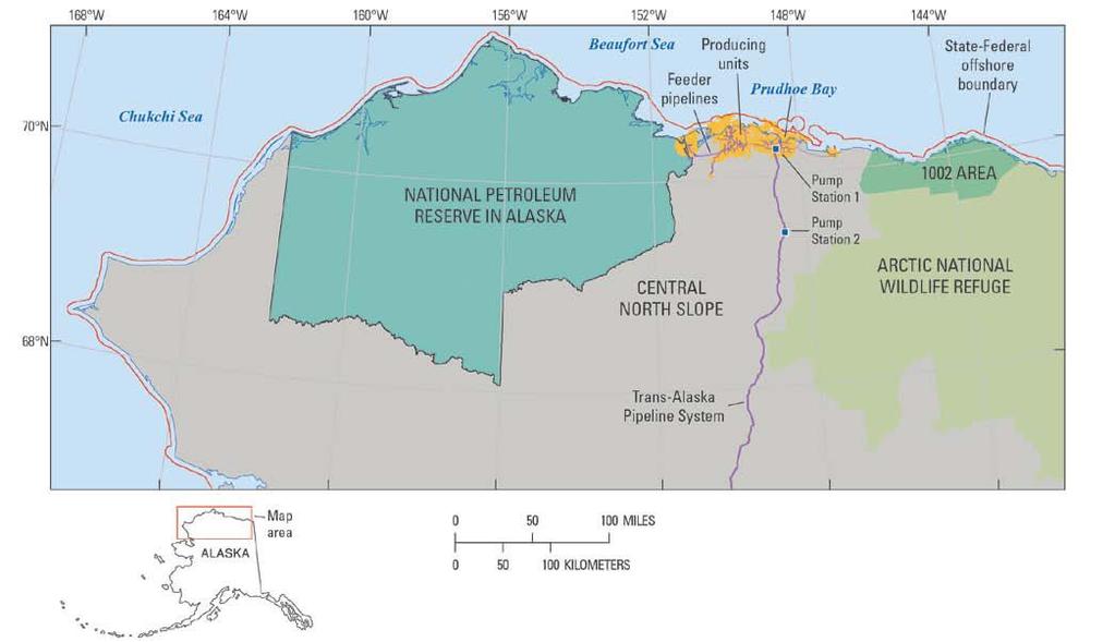 Figure 1. North Slope of Alaska Source: Figure 1 in Emil D. Attanasi and Philip A. Freeman, Economic Analysis of the 2010 U.S. Geological Survey Assessment of Undiscovered Oil and Gas in the National Petroleum Reserve of Alaska, U.