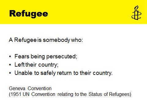 Slide 5: Refugee This slide summarises the definition of a refugee according to the 1951 UN Convention relating to the Status of Refugees.