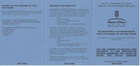 Residence permits or registration certificates are blue (except for