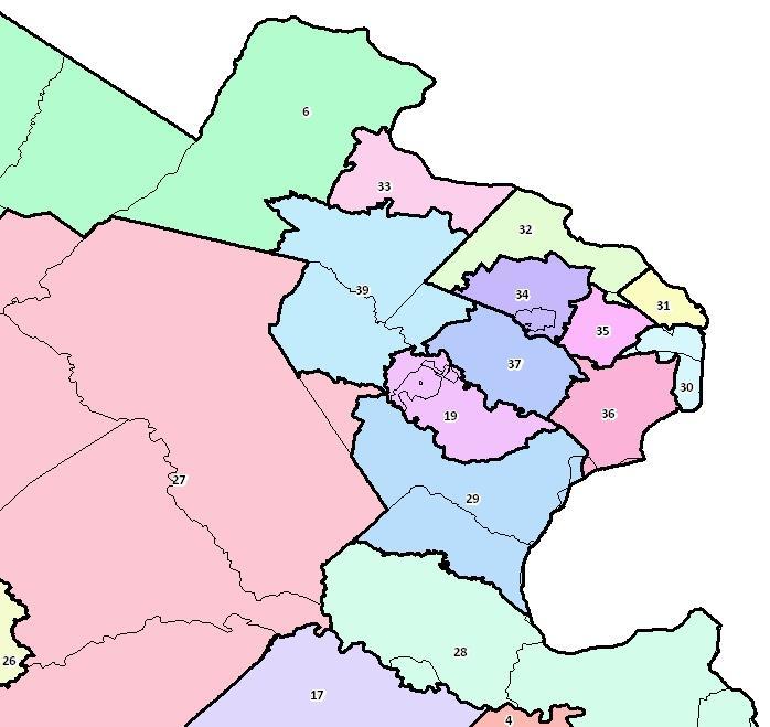 In the Northern Neck, Middle Peninsula and Eastern Shore, Districts 28, 4, and 8 were able to be drawn almost entirely along county boundaries, with splits necessary in Stafford, Gloucester, and