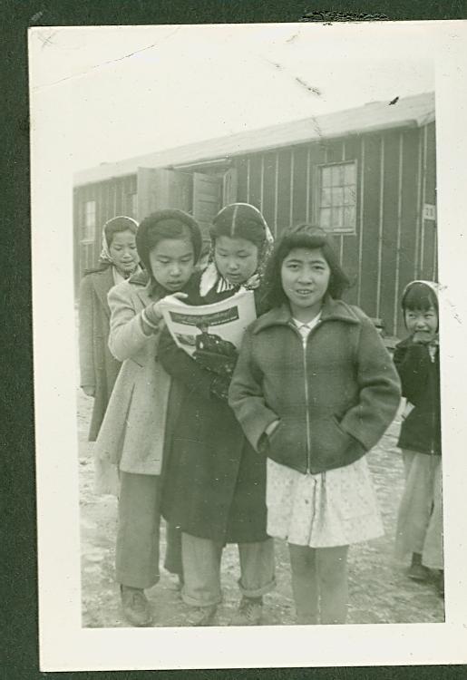 Children outside a school building at Heart Mountain Relocation Camp.