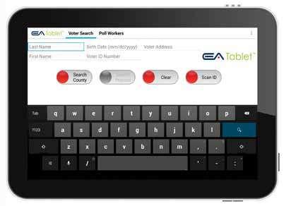 EA Tablet System (Election Administrators) EA Tablet is an Android Device Bluetooth printer available Scans Drivers Licenses with the built-in camera Over the Air (Wi-Fi) database and software