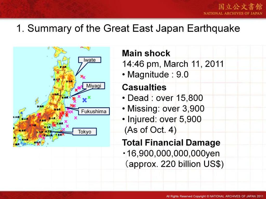At two forty-six (2:46) P.M. on March eleventh (11), the eastern half of Japan was hit by a catastrophic earthquake.