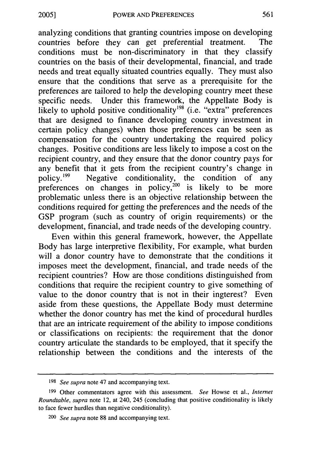 2005] POWER AND PREFERENCES analyzing conditions that granting countries impose on developing countries before they can get preferential treatment.