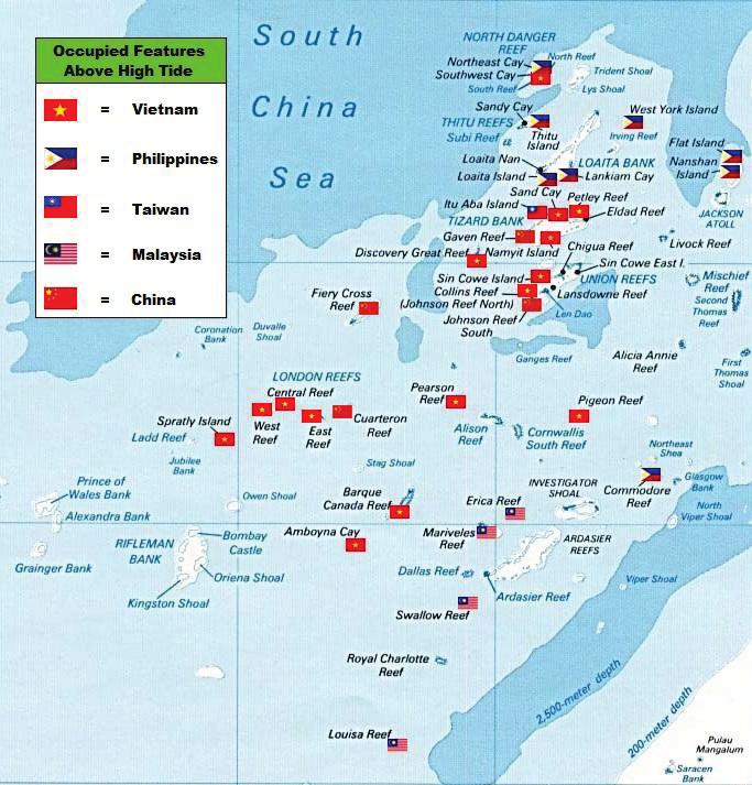 In the Spratlys, only Taiwan, the Philippines, and Vietnam control islands of any substantial size. The Chinese and Malaysian controlled features with land above high tide are limited to small rocks.