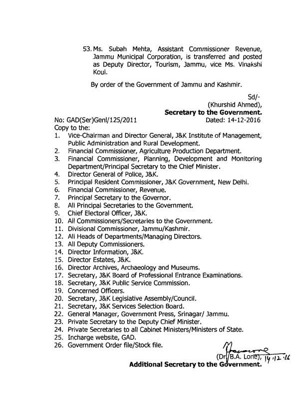 53.Ms. Subah Mehta, Assistant Commissioner Revenue, Jammu Municipal Corporation, is transferred and posted as Deputy Director, Tourism, Jammu, vice Ms. Vinakshi Koul.