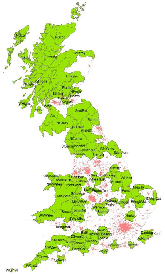 Figure 1: Labour market areas Rural TTWA aggregates Primary urban TTWAs Note: The 157 geographical units