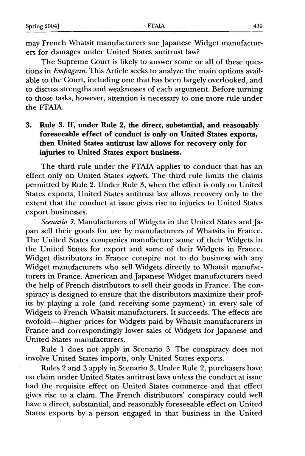 Spring 2004] FIrAIA may French Whatsit manufacturers sue Japanese Widget manufacturers for damages under United States antitrust law?