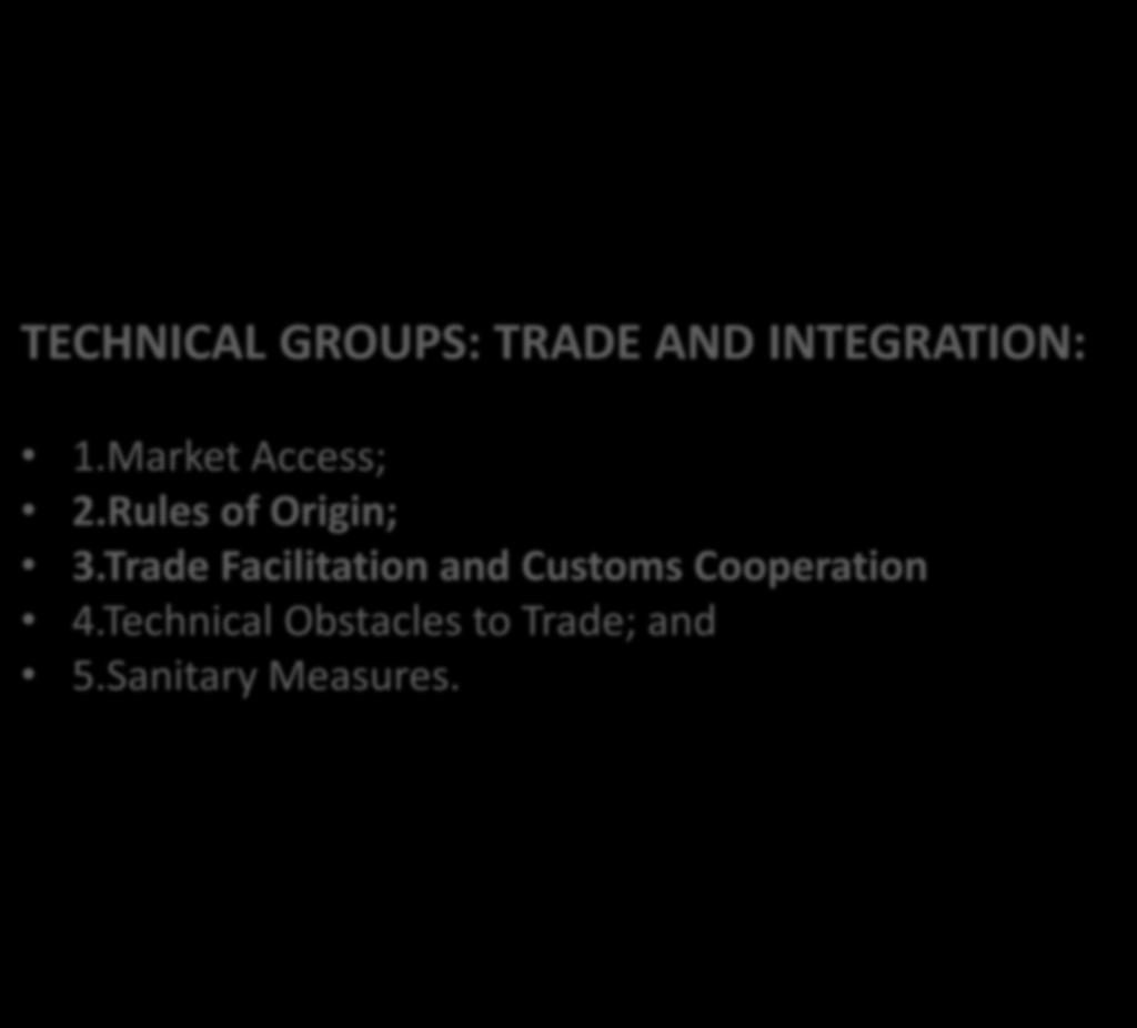 CONTEXTO TECHNICAL GROUPS: TRADE AND INTEGRATION: 1.Market Access; 2.Rules of Origin; 3.