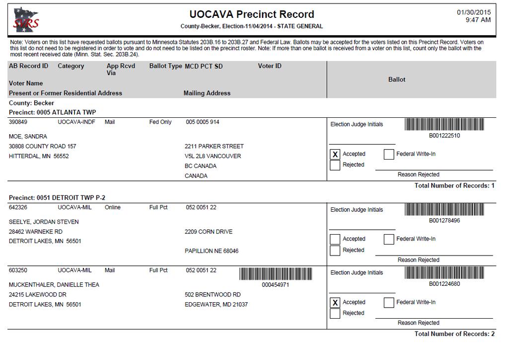 UOCAVA Precinct Record CATEGORY: Absentee Ballot, Absentee Ballot Board and Local AB This report is a list of UOCAVA applications filed, ballots sent, and final ballot outcome for a selected election.