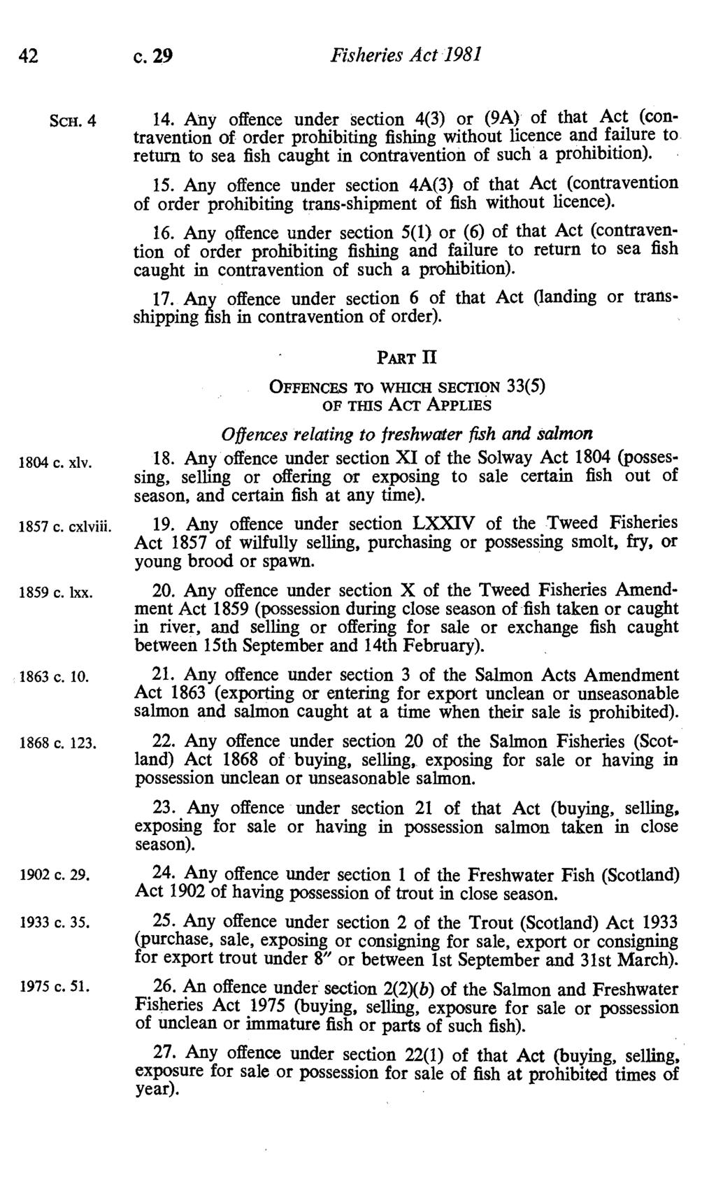 42 c. 29 Fisheries Act 1981 ScH.4 1804 c. x1v. 1857 c. cxlviii. 1859 c. 1xx. 14.