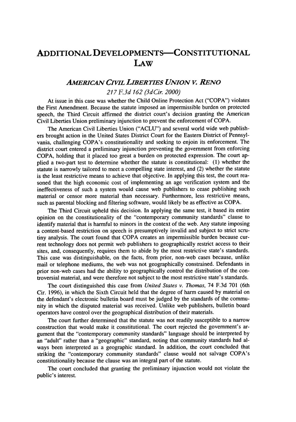 ADDITIONAL DEVELOPMENTS-CONSTITUTIONAL LAW AMERICAN CIVIL LIBERTIES UNION V. RENO 217 F.3d 162 (3dCir.