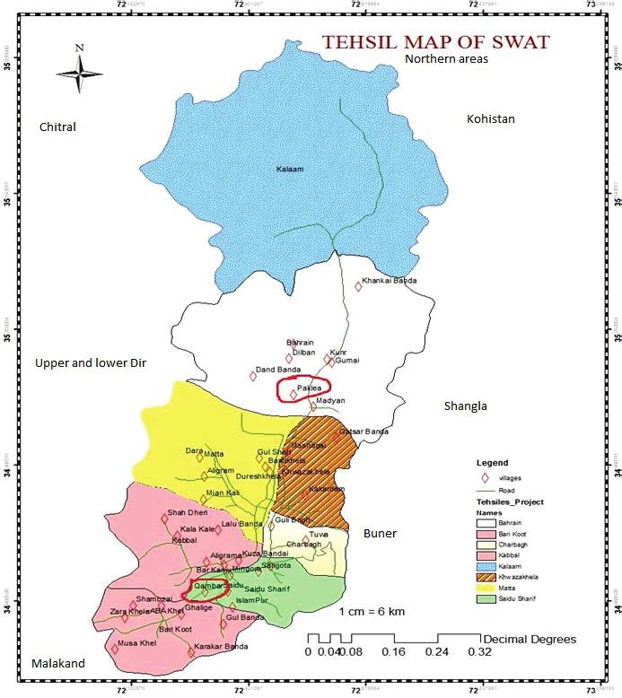 Figure 2: Map of the Swat district, highlighting sub-divisional settlement and study area selected for this research, circled in red Source: local government department of Swat, however, modified to
