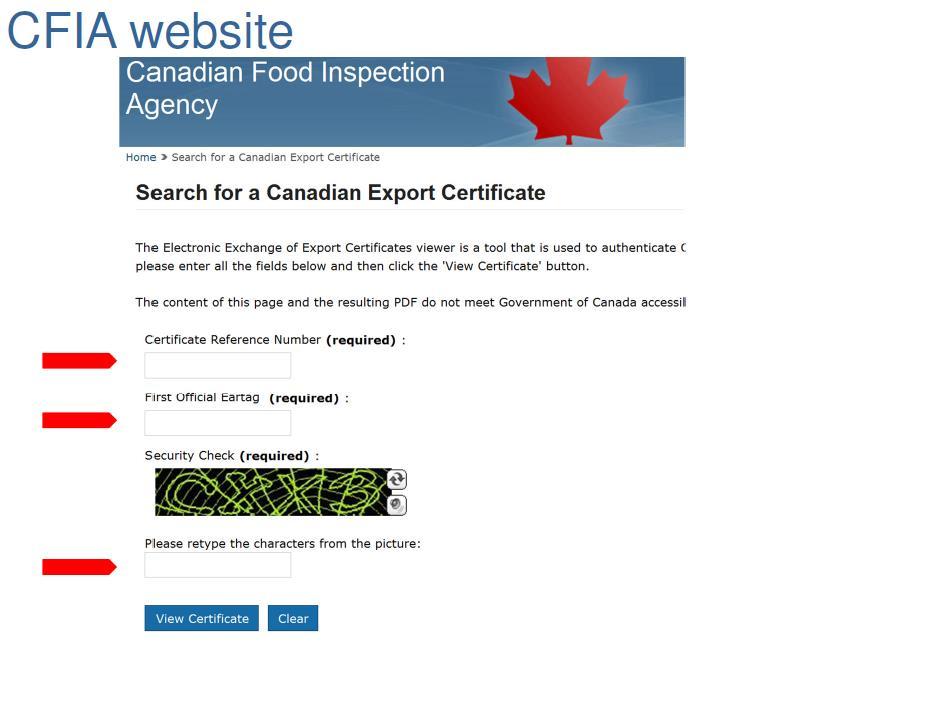 CFIA Web Portal for Live Animal Exports