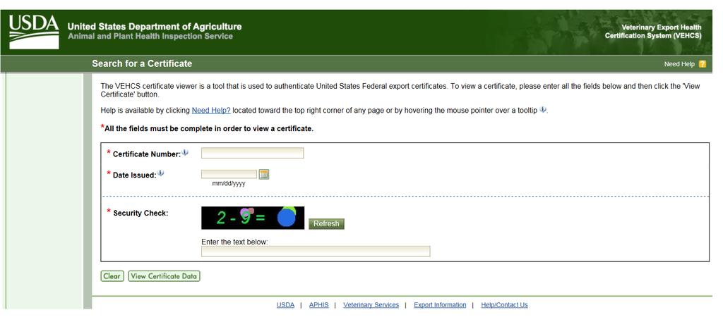 USDA APHIS Webpage VEHCS Certificate Viewer for reciprocal Live Animal US