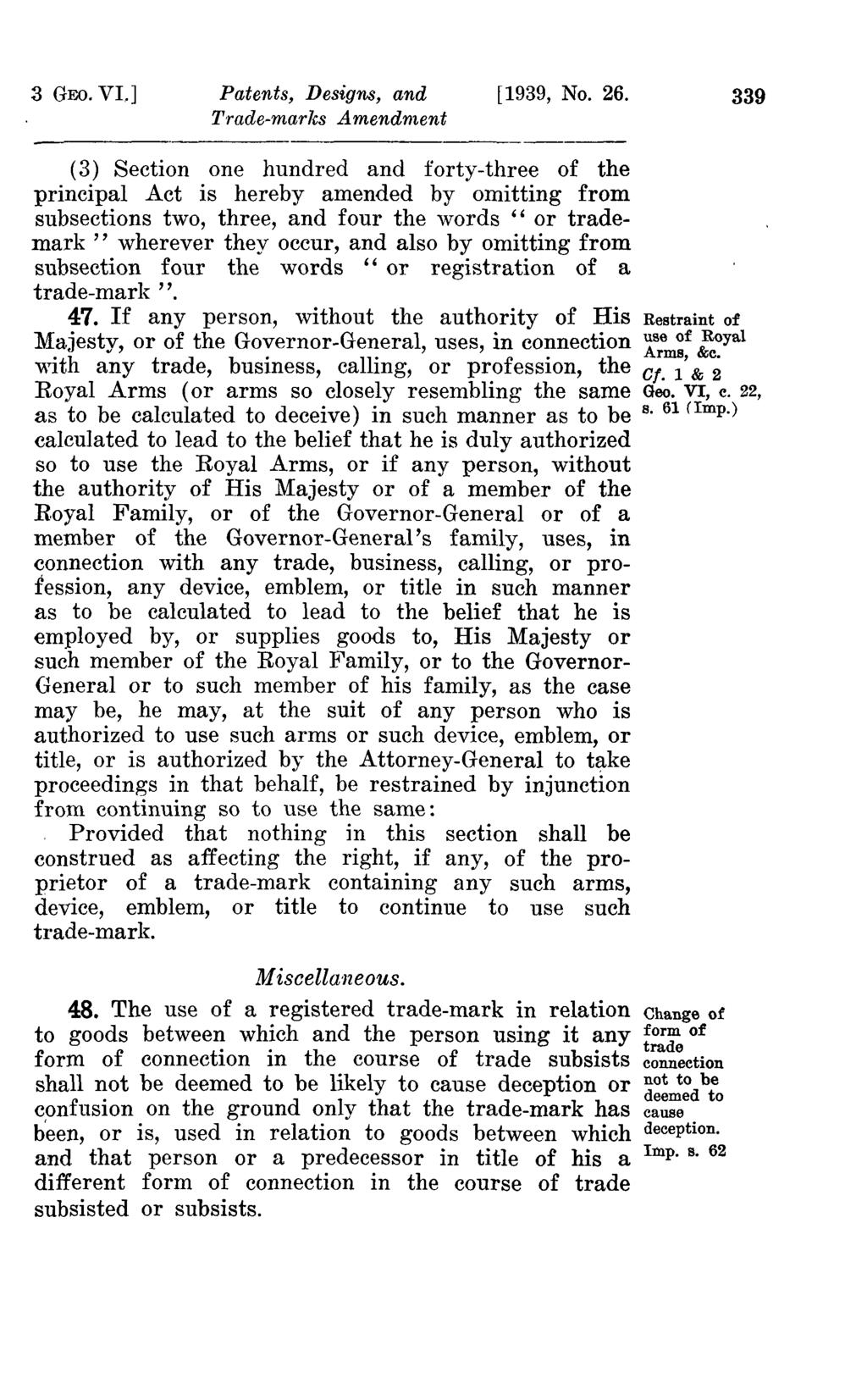 3 GEO. VL] Patents, Designs, and Tmde-marks Amendment [1939, No. 26.