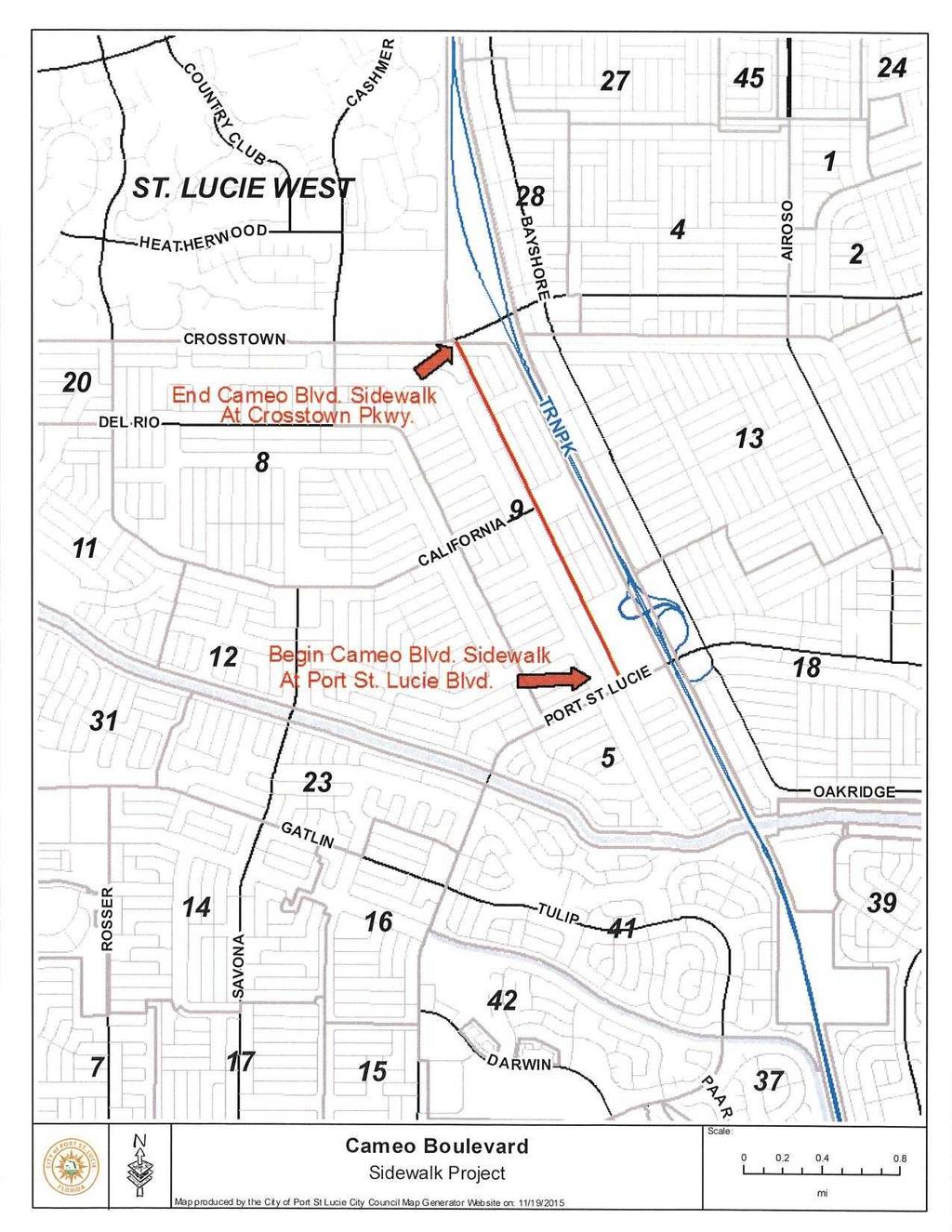 Cameo Boulevard Sidewalk Project Map produced by the Cty of Port St Lucie City