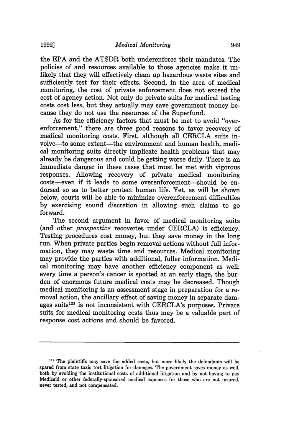 1992] Medical Monitoring the EPA and the ATSDR both underenforce their mandates.
