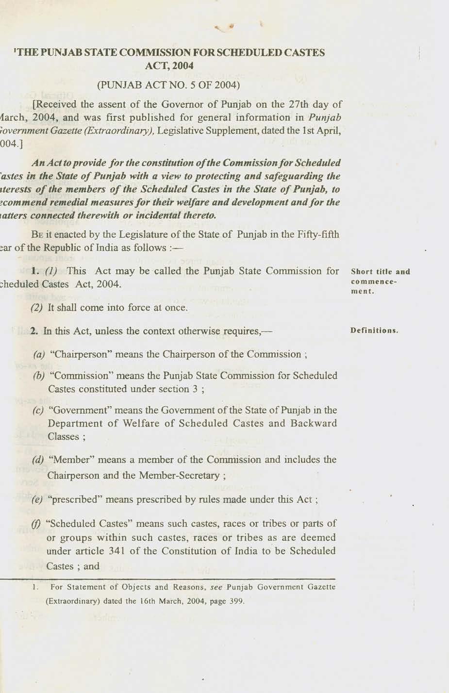 ITHE PUNJAB STATE COMMISSION FOR SCHEDULED CASTES ACT, 2004 (punjab ACT NO.