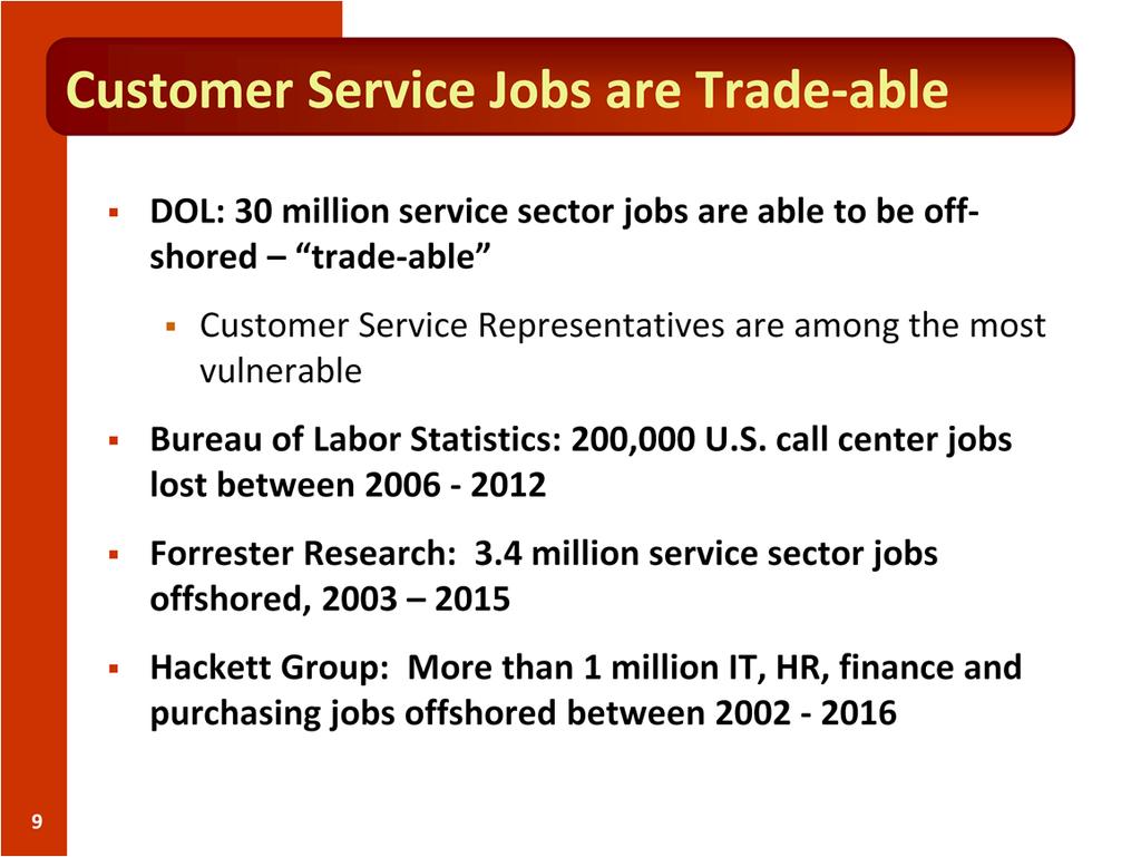 We all know that our jobs are already at risk. The Department of Labor has identified 160 service sector jobs that it considers trade-able able to be offshored.