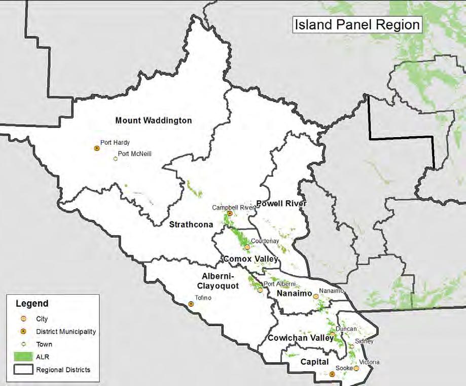 ALR Island Panel The Island Panel region encompasses Vancouver Island, most of the Gulf Islands and a number of coastal mainland areas that are part of Regional Districts headquartered on Vancouver
