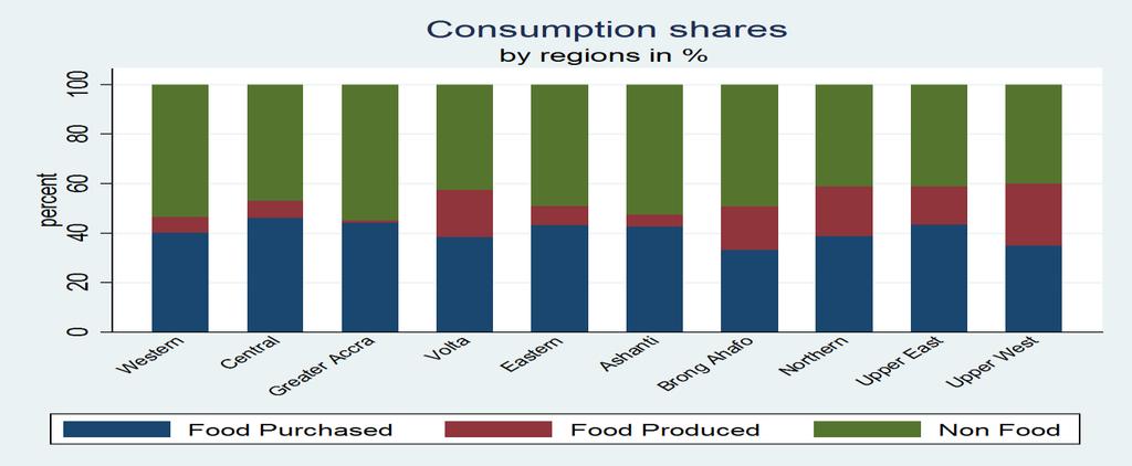 north, which is predominantly rural, a big component of household food consumption is selfproduced (about 20 percent), and the nonfood component represents around 60 percent of consumption.
