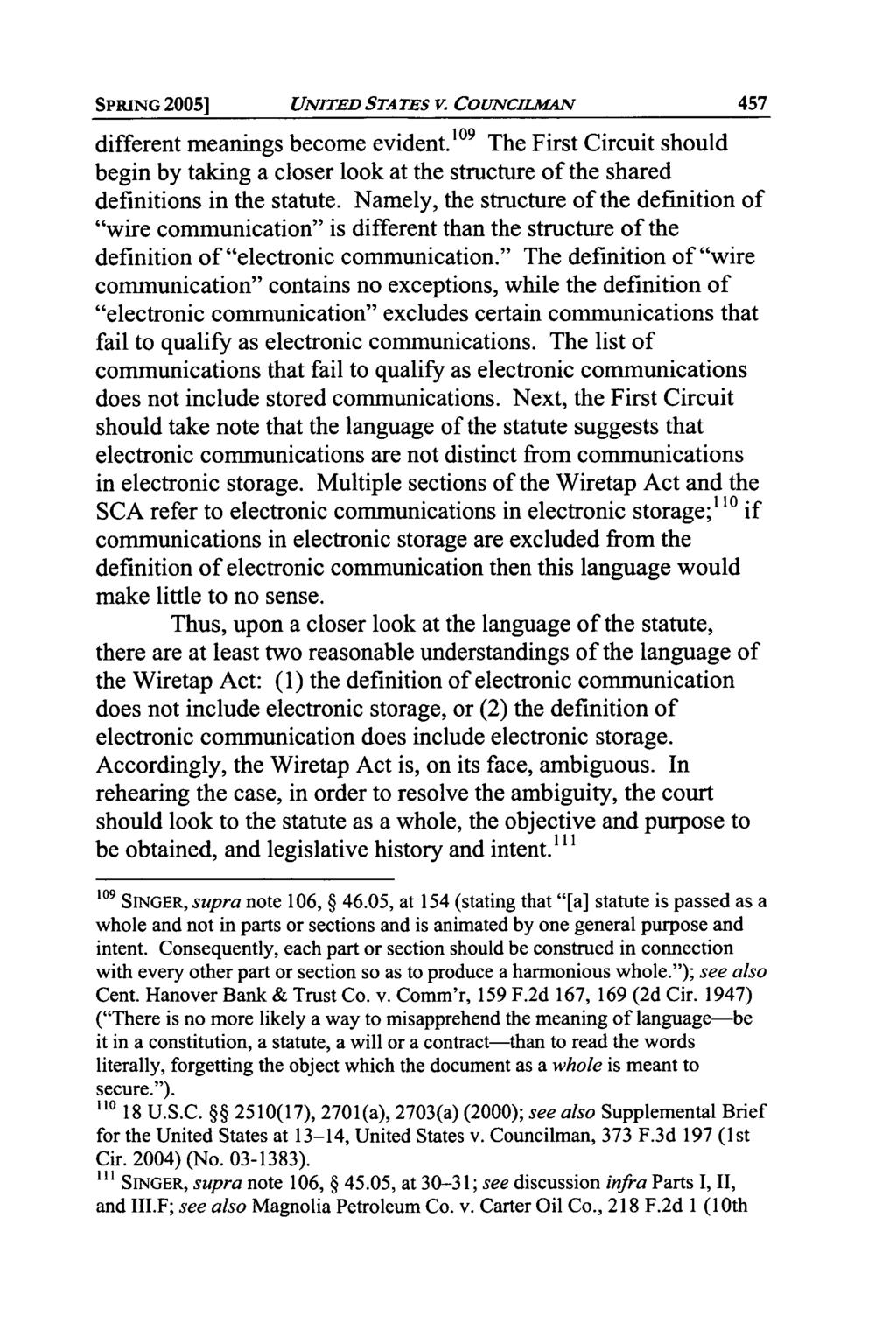 SPRING 2005] UNITED STATES V. COUNCILMANV different meanings become evident.' 0 9 The First Circuit should begin by taking a closer look at the structure of the shared definitions in the statute.
