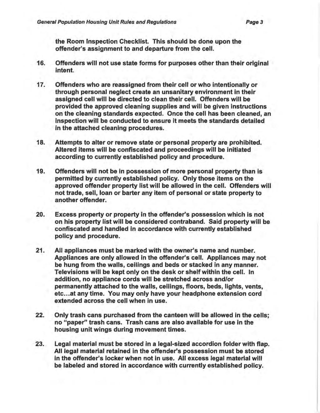Page3 the Room Inspection Checklist. This should be done upon the offender's assignment to and departure from the cell. 16.