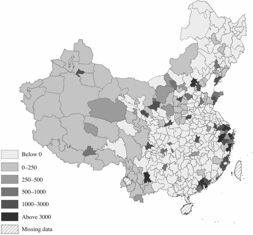 14 Avraham Ebenstein and Yaohui Zhao Figure 4 Geographic distribution of missing migrants by prefecture, China 2005 Notes: Migrants are defined as missing if the number of origin-based migrants by