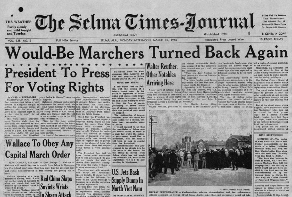 Name Reporting Civil Rights Document Based Assessments Directions: Black Americans planned a march in Selma, Alabama. They wanted to march to the capitol.