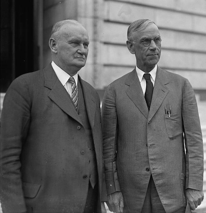 Hawley and Smoot: U.S. Representative Willis C. Hawley, left, and Senator Reed Smoot in April 1929, shortly before the Smoot-Hawley Tariff Act passed the House of Representatives.