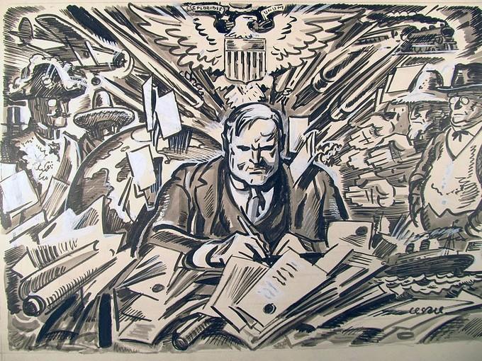 Hoover congressional initiatives: President Herbert Hoover, depicted in a March 1929 political cartoon, took up a number of federal initiatives intended to reverse the economic damage caused by the