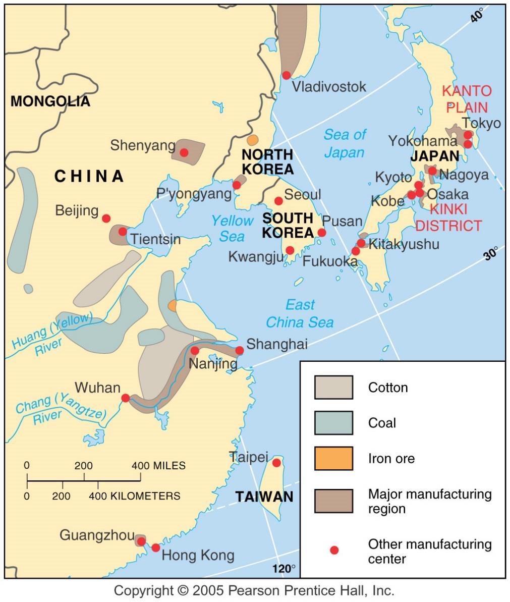 MANUFACTURING CENTERS IN EAST ASIA Many industries in China are clustered in three