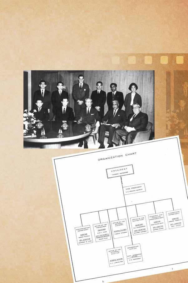 First Organizational Structure and First Staff Members at the Opening of ADB Photo of President Takeshi Watanabe with ADB s first staff members taken on 26 November 1966 at Tokyo Prince Hotel, Japan.