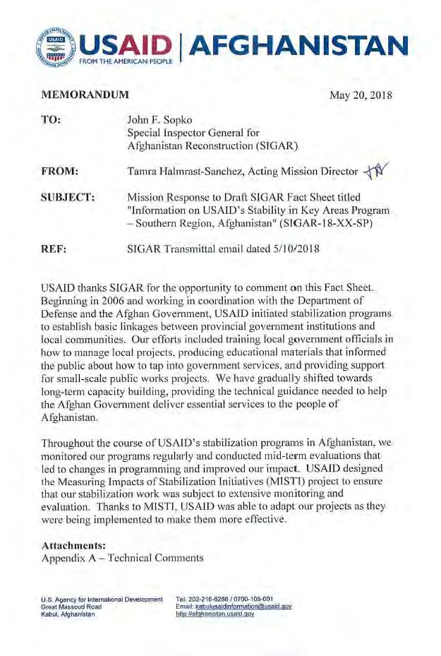 APPENDIX II- AGENCY COMMENTS SIGAR 18-53-SP Fact Sheet: