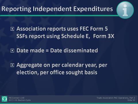 B. Disclosure of Independent Expenditures by PACs 1. By the Trade Association: Report using FEC Form 5. 2. By the PAC: Report using FEC Form 3X