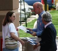 County Commissioner Candidates Ruth Damsker and Joe Hoeffel on the campaign trail handing out literature and talking with a voter.
