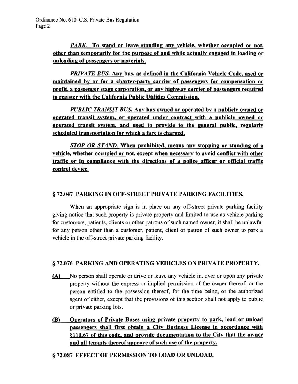 Ordinance No. 61~.S. Private Bus Regulation Page 2 PARK.