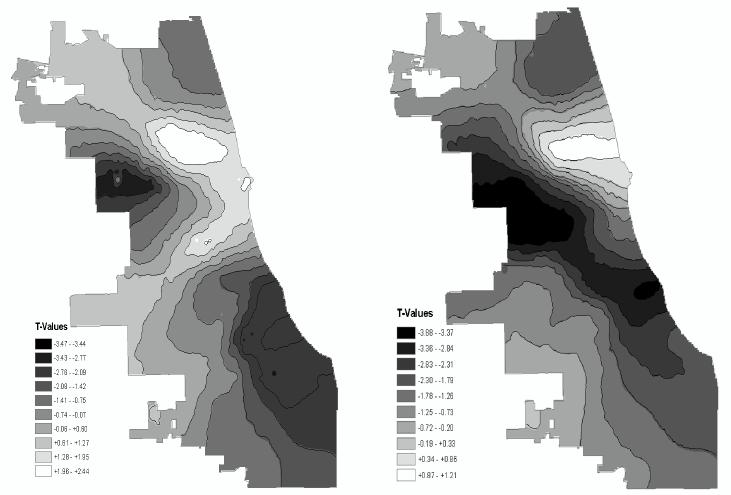 252 Homicide Studies Figure 1 T-Surface for Estimated Local Parameters of Percentage Foreign Born 2000 (First Map) and for Language Diversity 2000 (Second Map) in Predicting Log Homicide 2002-2006,