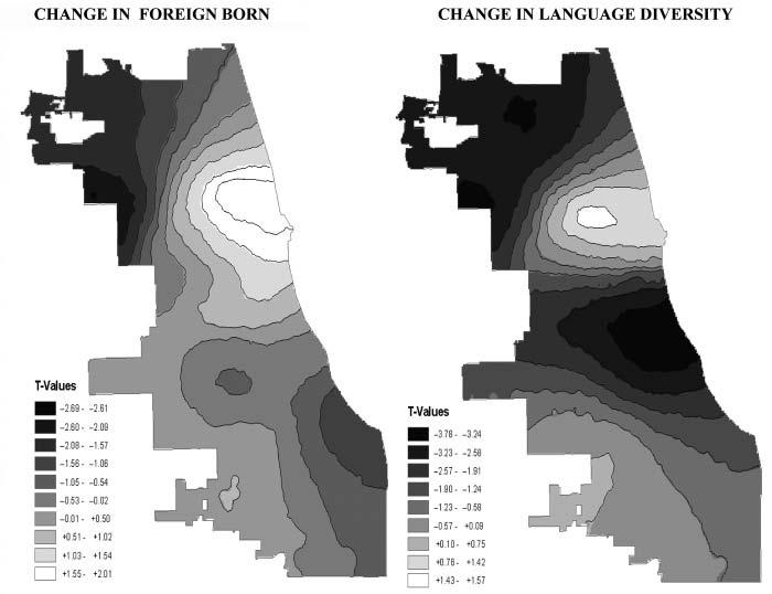 256 Homicide Studies Figure 3 T-Surface for Estimated Local Parameters of Change in Percentage Foreign Born 1990-2000 (First Map) and for Change in Language Diversity 1990-2000 (Second Map) in