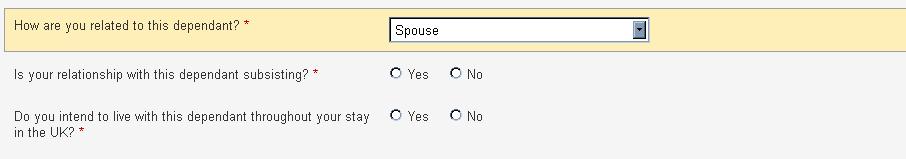General attributes Dependant version (Partner) In this section of the Dependant application you will be asked about your dependant's relationship to you. You can ignore this if you have no Dependants.