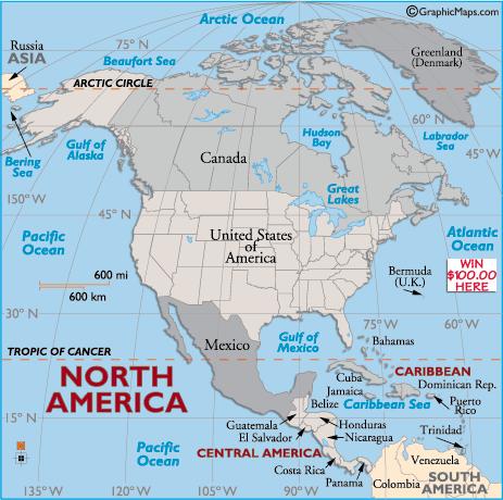 North America: Sparsely populated in north, Densely