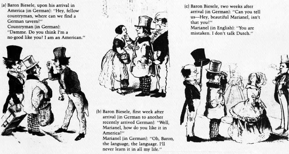 The German-American (1869) This cartoon from Cincinnati shows German immigrants quickly turning their backs on new German immigrants to America.