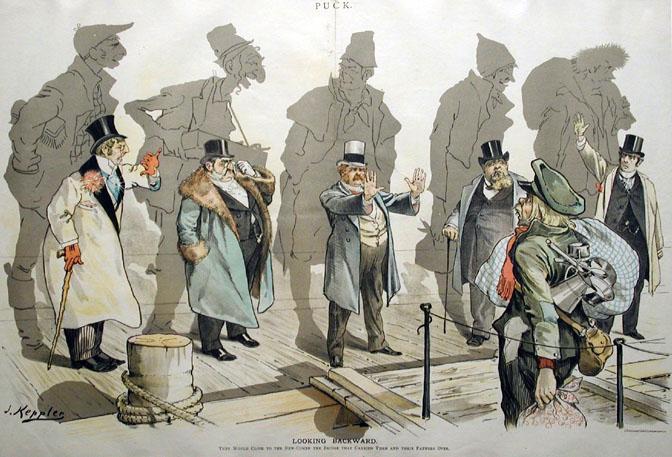 Looking Backward (1893) This Puck cartoon criticizes the hypocrisy of Americans whose own families were once immigrants but now try to deny new immigrants to America.