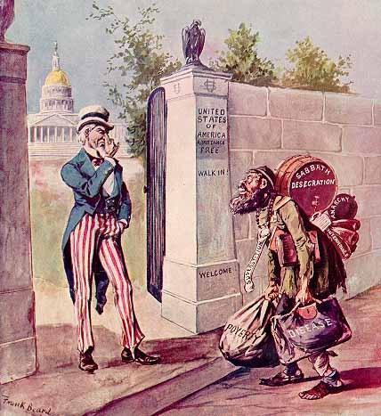Immigrant at the Gate (1904) In this cartoon from New York Weekly, Uncle Sam holds his nose from the smell of an Eastern