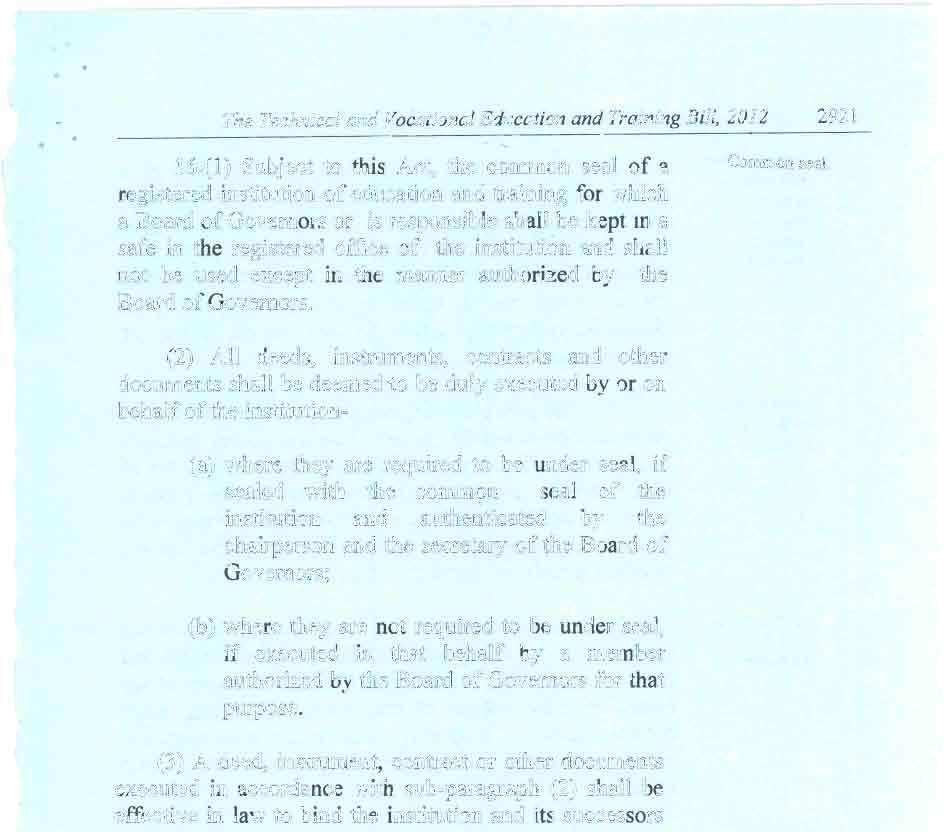 The Technical and Vocational Education and Training Bill, 2012 2921 16.