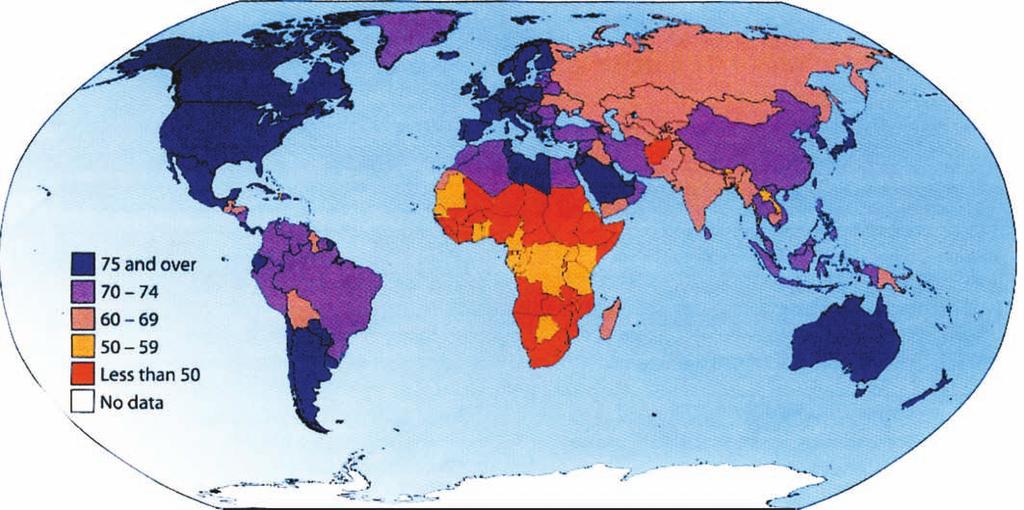 (c) Life expectancy is a social indicator of development. Study Fig. 5 which shows global patterns in life expectancy. Answer the questions that follow.