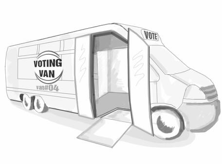 Voting Vans --- REFINEMENT Vans equipped with electronic voting machines could make scheduled stops at hospitals and rehab centers allowing people with disabilities to conveniently participate in the