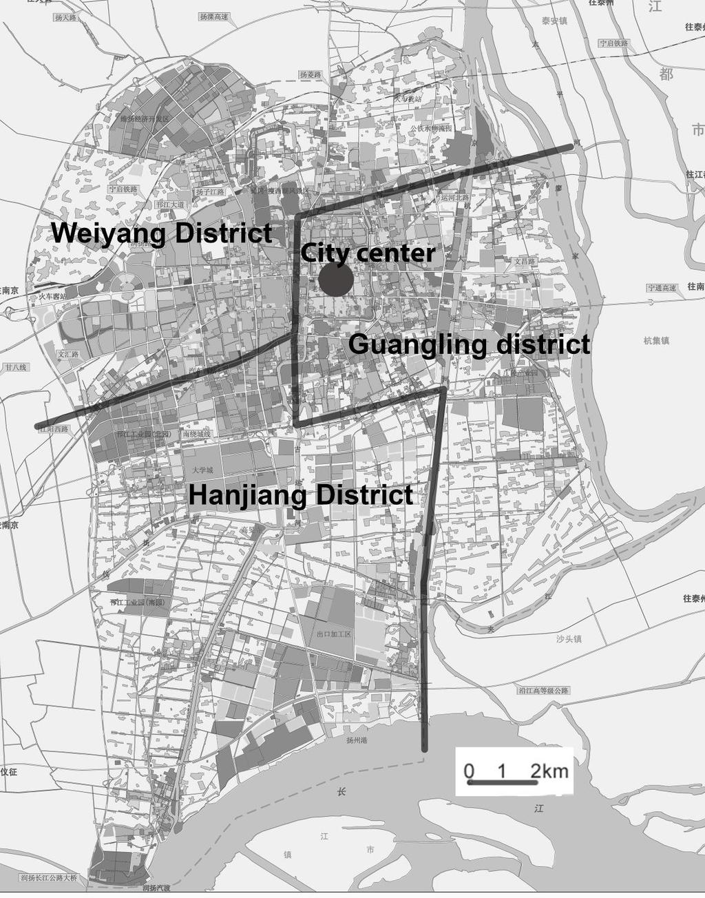 Figure 5.2 Three districts in Yangzhou city The researchers handed out 973 questionnaires and collected 739 answers (a response rate of 76%). In total, 673 respondents answered all of the questions.